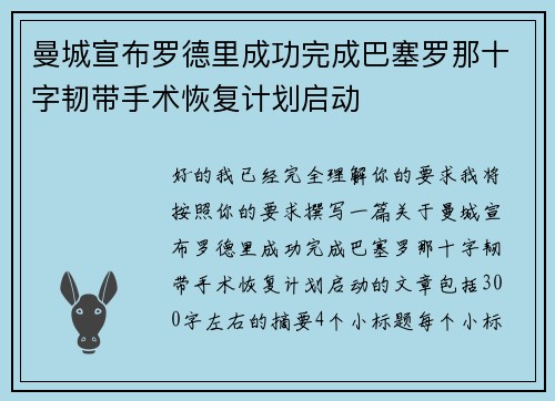 曼城宣布罗德里成功完成巴塞罗那十字韧带手术恢复计划启动 曼城宣布罗德里成功完成巴塞罗那十字韧带手术恢复计划启动
