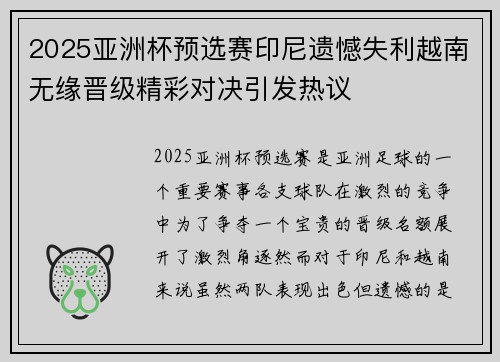 2025亚洲杯预选赛印尼遗憾失利越南无缘晋级精彩对决引发热议