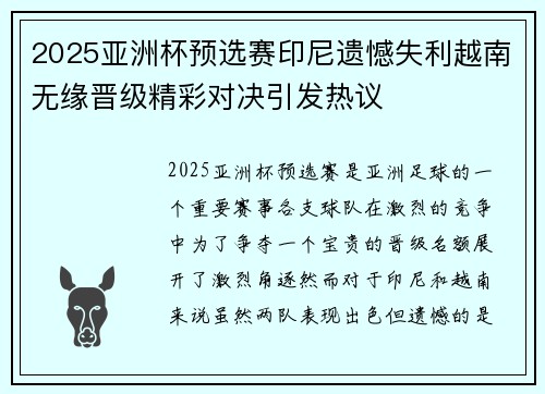 2025亚洲杯预选赛印尼遗憾失利越南无缘晋级精彩对决引发热议